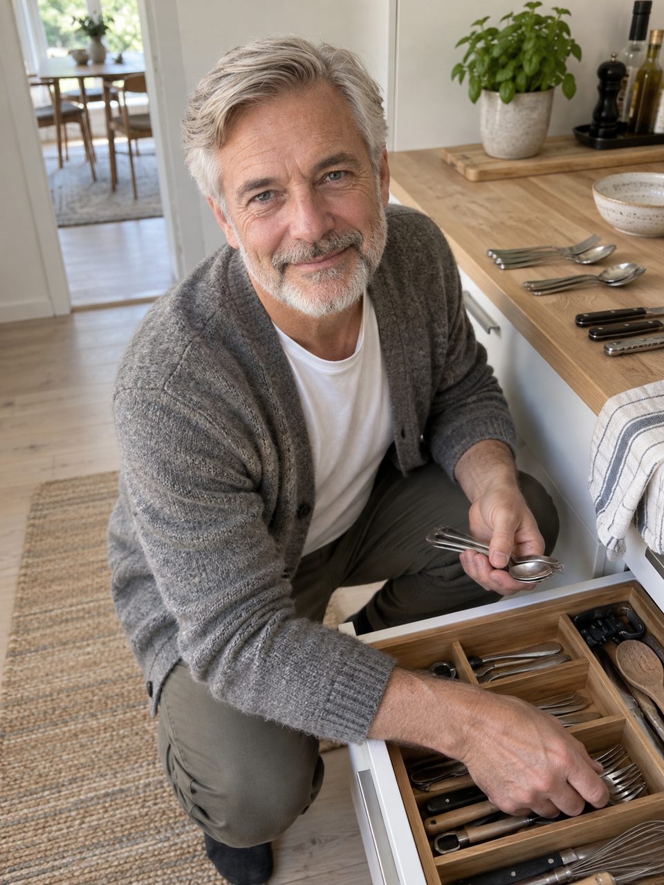 Erik sorting a kitchen cutlery drawer