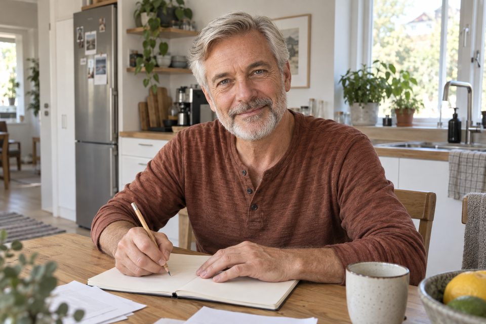 Erik writing in a notebook at the kitchen table